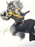  3:4 action_pose ama_imakuma anthro bare_chest canid canine canis clothed clothing fully_clothed fur gold_(metal) gold_jewelry grey_body grey_fur hi_res jackal jewelry male mammal necklace pose seth_(tas) solo staff tokyo_afterschool_summoners video_games 