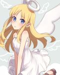  1other angel angel_wings bare_shoulders blonde_hair blue_eyes blush broken_halo crimvael dress halo haru_(nakajou-28) highres ishuzoku_reviewers long_hair sandals solo white_dress wings 