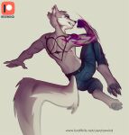  action_pose anthro bottomwear canid canine canis clothing fur grey_body grey_fur male mammal pants pose rexwind smile solo tattoo text url wolf 