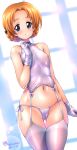  1girl ass_visible_through_thighs bangs blue_eyes braid breasts cameltoe covered_nipples garter_straps girls_und_panzer gloves highres kamogawa_tanuki looking_at_viewer navel orange_hair orange_pekoe_(girls_und_panzer) panties parted_bangs revealing_clothes shiny shiny_hair shiny_skin short_hair skindentation small_breasts solo standing thighhighs tied_hair twin_braids underwear white_gloves white_legwear white_panties 