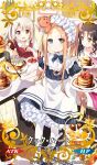  3girls abigail_williams_(fate) aqua_eyes black_hair blue_legwear blueberry card_(medium) chocolate_syrup craft_essence dress fate/grand_order fate_(series) food fruit holding holding_food holding_fruit holding_plate holding_spatula illyasviel_von_einzbern mary_janes multiple_girls namori pancake plate puffy_short_sleeves puffy_sleeves raspberry red_eyes sesshouin_kiara_(lily) shoes short_sleeves silver_hair spatula strawberry striped vertical-striped_dress vertical_stripes yellow_eyes 