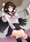 1girl :/ alternate_costume bangs bed between_legs bird_wings black_hair black_legwear black_sailor_collar black_skirt black_wings blurry blurry_background blush bob_cut breasts closed_mouth clothes clothes_hanger clothes_removed collared_shirt commentary disdain dutch_angle feet_out_of_frame frilled_skirt frills from_below hair_tousle half-closed_eyes hand_between_legs hand_in_hair hand_up hat highres indoors kanpa_(campagne_9) kneehighs knees_together_feet_apart laundry_pole leaf-pattern_stripe leaf_print light_blush light_particles long_sleeves looking_at_viewer looking_down maple_leaf_print midriff_peek miniskirt neckerchief on_bed pleated_skirt pointy_ears pom_pom_(clothes) red_eyes red_headwear red_neckwear sailor_collar school_uniform serafuku shameimaru_aya shirt short_hair short_sleeves sidelocks sitting sitting_on_bed skirt small_breasts solo stomach thighs tokin_hat touhou white_shirt wings wooden_ceiling 