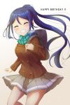  1girl arm_up bag bangs blue_hair breasts breath brown_coat closed_eyes coat commentary_request cowboy_shot facing_viewer grabbing green_scarf grey_skirt grin hair_between_eyes happy_birthday large_breasts leg_up long_hair long_sleeves love_live! love_live!_sunshine!! matsuura_kanan plaid plaid_scarf pleated_skirt ponytail qy scarf school_bag school_uniform simple_background skirt smile solo teeth white_background 