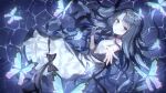  1girl auro_drm black_ribbon blue_theme bug butterfly closed_mouth dark_blue_hair dress film_grain frilled_dress frills highres insect long_hair original outstretched_hand pink_eyes reaching_out ribbon solo tears water white_dress 
