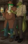  5_fingers alcohol alligator alligatorid anthro beer beer_mug beverage blue_eyes bottomwear brown_bottomwear brown_clothing brown_footwear brown_hat brown_headwear brown_pants brown_shoes claws clothed clothing cregon crocodile crocodilian crocodylid denim denim_clothing dracenmarx duo eye_contact fedora fingers footwear fully_clothed green_body green_scales hand_on_another&#039;s_shoulder hat headgear headwear hi_res jeans lewis_resmond lizard looking_at_another male monitor_lizard multicolored_body open_maw open_mouth pants reptile scales scalie shoes trucker two_tone_body uniform white_body white_scales yellow_eyes zeta-la-angie 