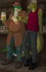  alcohol alligator alligatorid anthro beer beer_mug beverage black_bottomwear black_clothing black_pants blue_eyes bodily_fluids bottomwear brown_clothing brown_footwear brown_hat brown_headwear brown_shoes clothing cregon crocodile crocodilian crocodylid cum cum_on_clothing cum_on_pants denim denim_clothing dracenmarx duo eye_contact facial_piercing fedora footwear genital_fluids green_body green_scales hand_on_another&#039;s_shoulder hat headgear headwear hi_res jeans lewis_resmond lizard looking_at_another male monitor_lizard multicolored_body nose_piercing nose_ring open_maw open_mouth pants piercing red_clothing red_shirt red_topwear reptile scales scalie shirt shoes topwear two_tone_body white_body white_scales yellow_eyes zeta-la-angie 