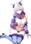  1girl absurdres anastasia_(fate) animal_ears bangs bare_shoulders blush breasts cleavage cosplay dangerous_beast eagle_union_(emblem) elbow_gloves fate/grand_order fate_(series) fur-trimmed_gloves fur-trimmed_legwear fur_collar fur_trim gloves hair_over_one_eye halloween_costume hanasaka_houcha highres huge_filesize lace-trimmed_legwear lace_trim large_breasts long_hair looking_at_viewer mash_kyrielight mash_kyrielight_(cosplay) navel o-ring o-ring_top open_mouth pinky_out purple_gloves purple_legwear revealing_clothes silver_hair simple_background sitting solo white_background wolf_ears wolf_girl yokozuwari 