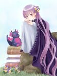  absurdly_long_hair artist_name book book_stack braid cloak commentary_request dress eyebrows_visible_through_hair fire_emblem fire_emblem:_the_binding_blade flower hair_flower hair_ornament knees_up long_hair purple_cloak purple_eyes purple_hair sakura_(sakurasnow55) simple_background sitting sophia_(fire_emblem) stuffed_animal stuffed_dragon stuffed_toy very_long_hair 