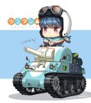  1girl blue_hair chibi goggles goggles_on_headwear ground_vehicle helmet kws m4_sherman military military_vehicle motor_vehicle motorcycle_helmet parody purple_eyes scarf shima_rin shoshinsha_mark simple_background solo tank title_parody translated yurucamp 