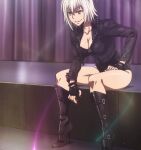  &gt;:) 1girl belt_boots boots breasts brown_eyes cleavage curvy gloves highres jacket killing_bites leather leather_boots leather_jacket long_sleeves shiny shiny_clothes short_hair silver_hair sitting smirk stitched third-party_edit uzaki_hitomi 