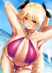  1girl alternate_costume artist_request azur_lane black_ribbon blonde_hair blue_sky breasts covered_nipples dutch_angle hair_between_eyes hair_ribbon hands_in_hair highres huge_breasts leaning_forward long_hair navel nelson_(azur_lane) o-ring o-ring_bikini ribbon sky solo swimsuit swimwear twintails very_long_hair water 