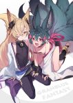  1boy 1girl all_fours animal_ears backless_outfit bangs bare_shoulders black_hair black_nails blonde_hair breasts brown_eyes collar erune fang feb_itk fox_boy fox_ears fox_girl fox_tail granblue_fantasy hair_between_eyes hair_ornament hair_over_one_eye kou_(granblue_fantasy) large_tail long_hair looking_at_viewer multiple_tails off_shoulder open_mouth red_eyes short_hair simple_background sitting small_breasts tail white_background you_(granblue_fantasy) 