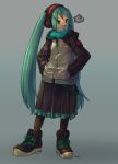  1girl aqua_hair black_legwear boots commentary earmuffs full_body gradient gradient_background green_eyes hands_in_pockets hatsune_miku headphones jacket long_hair long_skirt mask mouth_mask pantyhose pleated_skirt skirt solo surgical_mask tessaku_ro translated twintails very_long_hair vocaloid winter_clothes 