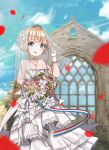  1girl :d absurdres adjusting_clothes adjusting_headwear alternate_costume arm_up azur_lane bare_shoulders blue_sky blurry bouquet bow bridal_veil building choker church cloud cloudy_sky collarbone commentary_request depth_of_field dress eyebrows_visible_through_hair flower frilled_dress frills gloves hair_bow hair_ribbon highres holding holding_bouquet jewelry le_triomphant_(azur_lane) looking_at_viewer necklace off-shoulder_dress off_shoulder open_mouth petals reflection ribbon rose short_hair sidelocks sky smile solo tiara veil wedding_dress white_dress white_gloves wind window zidong_fanmai_jii_o3 