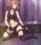  1girl belt black_belt boots gloves highres killing_bites leather leather_belt leather_boots leather_gloves leather_vest looking_at_viewer manicure midriff nakanishi_eruza orange_hair parted_lips red_eyes short_hair stitched thigh_strap third-party_edit zipper zipper_pull_tab 