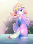  2021 absurd_res anthro avian b-epon bathing bird blue_eyes blurred_background breasts breath_of_the_wild butt covering covering_self feathers female hair hi_res looking_at_viewer looking_back nintendo non-mammal_breasts nude outside partially_submerged pink_body pink_feathers pink_hair rito saki_(tloz) side_boob smile solo tasteful_nudity the_legend_of_zelda video_games water wet 