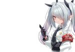  blue_archive blush gloves gray_hair iori_(blue_archive) long_hair phone pointed_ears red_eyes shirt sketch third-party_edit tie toshizou_(0714) twintails uniform white 