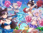  4girls alternate_costume amai-tapioca animal_ear_fluff armpit_cutout atago_(azur_lane) azur_lane bare_shoulders belt blue_gloves blue_pom_poms blue_skirt blue_sky blush bow breasts brown_hair casablanca_(azur_lane) casablanca_(cheer_squad_on_break)_(azur_lane) cheerleader cleavage_cutout clothing_cutout confetti covered_navel crop_top cygnet_(azur_lane) cygnet_(royal_fanfare)_(azur_lane) double_bun gloves grey_hair grey_leotard hair_ribbon hairband holding holding_pom_poms large_breasts leg_up leotard leotard_under_clothes light_purple_hair long_hair looking_at_viewer manjuu_(azur_lane) microskirt midriff miniskirt multiple_girls official_alternate_costume pink_pom_poms pleated_skirt pom_poms ponytail purple_skirt red_eyes red_pom_poms ribbed_legwear ribbon shirt skirt sky stomach sunglasses takao_(azur_lane) thighhighs track_and_field two-tone_shirt two-tone_skirt very_long_hair whistle whistle_around_neck white_belt white_bow white_gloves white_hairband white_legwear white_shirt white_skirt yellow_eyes yellow_ribbon zettai_ryouiki 