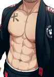  1boy abs bara black_jacket bodypaint close-up facial_hair head_out_of_frame highres jacket koji_(wildlhz) large_pectorals male_focus muscular muscular_male navel navel_hair nipples open_clothes open_jacket original pants pectoral_focus pectorals short_hair solo stomach stubble track_jacket track_pants upper_body 