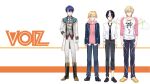  4boys ahoge asasumiboochan asymmetrical_hair bangs belt black_footwear black_hair black_nails black_neckwear blonde_hair blue_eyes blue_jacket blue_neckwear boots bracelet brown_eyes gem gloves hair_between_eyes hair_ornament hair_over_one_eye hanasaki_mahiru harusaki_air highres hood hoodie jacket jewelry kaminari_poaro kurohane_kuroto looking_at_viewer male_focus multicolored multicolored_clothes multicolored_hair multiple_boys naruse_naru natsume_choco necklace necktie nijisanji official_art pants pants_rolled_up pink_hoodie pink_shirt red_eyes shirt shoes simple_background sleeves_past_wrists standing t-shirt virtual_youtuber white_gloves white_hair white_shirt wing_collar wing_hair_ornament wings yellow_footwear 