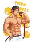  1boy abs bara bell black_hair blonde_hair cropped_legs facial_hair hachimaki headband highres hip_vent koji_(wildlhz) male_focus mature_male multicolored_hair muscular muscular_male navel nipples original oversized_object pants pectorals rope shirtless short_hair smile solo stomach streaked_hair stubble white_pants 