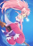  1girl arche_klein ass broom elbow_gloves gloves highres long_hair looking_at_viewer murata_tefu pants pink_eyes pink_hair pink_pants ponytail smile solo tales_of_(series) tales_of_phantasia wide_ponytail 
