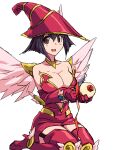  1girl apple apple_magician_girl bare_shoulders black_hair boots breasts brown_eyes cleavage clothing_cutout duel_monster elbow_gloves feathered_wings food fruit garter_straps gloves hair_between_eyes hat high_heels holding holding_food holding_fruit holding_knife kneeling knife large_breasts masunikuru open_mouth pink_wings red_footwear red_gloves red_headwear short_hair simple_background solo thigh_boots thighhighs white_background wings yu-gi-oh! 