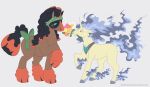  colored_fire duo equid equine female feral fire flower green_eyes grey_eyes hooves looking_at_another love male male/female mammal mudsdale nintendo plant pok&eacute;mon pok&eacute;mon_(species) pose purple_fire quadruped rapidash ribbons simple_background thenornonthego video_games white_background 