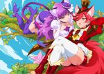  2girls animal_ears anklet bangs bike_shorts boots cat_ears cat_tail cure_chocolat cure_macaron dog_ears elbow_gloves fur-trimmed_boots fur_trim gloves hair_ornament hair_over_one_eye hat high_heel_boots high_heels in_tree jewelry kirakira_precure_a_la_mode mini_hat mini_top_hat multiple_girls mutyakai one_eye_closed precure purple_eyes purple_hair reclining red_eyes red_hair tail thigh_boots thighhighs top_hat tree 