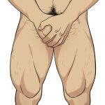  1boy bara completely_nude covering covering_crotch hairy koji_(wildlhz) leg_hair lower_body male_focus male_pubic_hair mature_male muscular muscular_male navel_hair nude original pubic_hair simple_background solo thick_thighs thighs white_background 