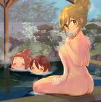  2girls ass back bamboo_fence bangs bare_arms bare_legs black_hair blue_hair branch breasts brown_hair closed_eyes fang fence hair_between_eyes hair_bun highres inuyama_aoi jam_(lc_jam) leaf looking_at_viewer medium_breasts multiple_girls naked_towel nude onsen oogaki_chiaki outdoors partially_submerged saitou_ena sideboob sidelocks skin_fang smile steam thick_eyebrows thighs towel tree water wet yellow_eyes yurucamp 