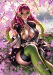  1girl bangs belt breasts cherry_blossoms cleavage gradient_hair green_eyes green_hair green_legwear highres kanroji_mitsuri kimetsu_no_yaiba large_breasts liang_xing looking_at_viewer mole mole_under_eye multicolored_hair partially_unbuttoned pink_hair signature sitting smile solo thighhighs tri_braids watermark web_address white_belt 
