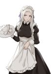  1girl absurdres alternate_costume apron blush dress edelgard_von_hresvelg enmaided fire_emblem fire_emblem:_three_houses hair_ornament hair_ribbon highres kisetsu long_hair long_sleeves looking_at_viewer maid maid_apron maid_headdress puffy_sleeves ribbon skirt tea waist_apron white_apron 