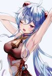  1girl ahoge armpits arms_up bangs bell blue_hair blush bodysuit breasts chinese_clothes cowbell curled_horns detached_sleeves eyebrows_visible_through_hair flower_knot from_side ganyu_(genshin_impact) genshin_impact hair_between_eyes highres horns jewelry long_hair looking_at_viewer looking_to_the_side luna_nyann medium_breasts multicolored multicolored_bodysuit multicolored_clothes one_eye_closed open_mouth purple_eyes sideboob sidelocks sleeveless solo tongue upper_body white_background 