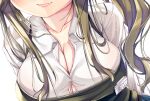  1girl absurdres apron arms_behind_back breasts brown_hair bursting_breasts cleavage close-up closed_mouth collarbone collared_shirt commentary_request employee_uniform fang green_apron head_out_of_frame highres inuyama_aoi large_breasts lips medium_hair name_tag neko_pan shirt sidelocks simple_background smile solo uniform wavy_hair white_background white_shirt yurucamp 