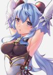  1girl :o absurdres ahoge armpits arms_up bangs bell blue_hair bodysuit breasts chinese_clothes cowbell curled_horns detached_sleeves flower_knot from_side ganyu_(genshin_impact) genshin_impact hair_between_eyes highres horns jewelry long_hair looking_at_viewer looking_to_the_side medium_breasts multicolored multicolored_bodysuit multicolored_clothes multicolored_eyes parted_lips rengkong sideboob sidelocks sleeveless solo upper_body white_background 