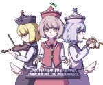  3girls absurdres bangs black_headwear black_skirt black_vest blonde_hair blue_eyes bow bow_(instrument) bright_pupils brown_hair buttons closed_mouth cowboy_shot crescent_moon falling_star frilled_hat frills from_side grey_hair hat highres holding holding_instrument instrument kame_(kamepan44231) keyboard_(instrument) long_sleeves looking_at_viewer lunasa_prismriver lyrica_prismriver merlin_prismriver moon multiple_girls music pink_headwear pink_skirt pink_vest playing_instrument red_eyes red_headwear red_skirt red_vest shirt short_hair simple_background skirt skirt_set smile standing touhou trumpet vest violin white_background white_shirt wings yellow_eyes 