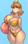  1girl absurdres ball beachball bikini blue_background blue_eyes breasts brown_hair cleavage collarbone commentary crown curvy earrings english_commentary freckles highres huge_breasts jewelry kelvin_hiu large_breasts long_hair mario_(series) midriff navel princess_daisy simple_background skindentation solo super_mario_bros. swimsuit thick_thighs thighs wet wide_hips yellow_bikini 