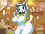  anthro bottomless breasts canid canine clothed clothing clothing_lift felid feline female genitals hair mammal nikuq_owata open_mouth pussy shirt shirt_lift tem temmie_(undertale) topwear undertale video_games white_body 