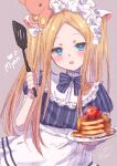  1girl :d abigail_williams_(fate) apron bangs black_bow black_shirt blonde_hair blue_eyes blush bow breasts commentary_request eyebrows_visible_through_hair fate/grand_order fate_(series) food forehead grey_background hair_bow highres holding holding_plate ittokyu long_hair looking_at_viewer multiple_bows nyan open_mouth pancake parted_bangs plate puffy_short_sleeves puffy_sleeves shirt short_sleeves sidelocks simple_background small_breasts smile solo spatula stack_of_pancakes striped striped_bow striped_shirt stuffed_animal stuffed_toy teddy_bear twintails vertical-striped_shirt vertical_stripes very_long_hair waist_apron white_apron white_bow 