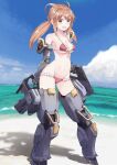  1girl :d absurdres alice_gear_aegis bangs bare_shoulders beach bikini blue_sky blush breasts brown_eyes brown_hair character_request cleavage commentary_request day dual_wielding eyebrows_visible_through_hair full_body groin gun hair_between_eyes hair_ornament hair_scrunchie highres holding holding_gun holding_weapon looking_at_viewer low_twintails mecha_musume mechanical_arms mechanical_legs medium_breasts micro_bikini midriff navel ocean open_mouth outdoors puripuri red_bikini scrunchie shadow sidelocks sky smile solo standing swimsuit twintails underboob weapon 