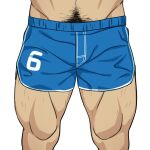  1boy bara blue_male_underwear blue_shorts boxers bulge dolphin_shorts hairy koji_(wildlhz) leg_hair lower_body male_focus male_pubic_hair male_underwear mature_male muscular muscular_male navel_hair original pubic_hair shorts simple_background solo thick_thighs thighs underwear underwear_only white_background 