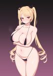  1girl areolae artist_request azur_lane bikini black_bikini black_ribbon blonde_hair blush breast_hold breasts eyebrows_visible_through_hair gradient gradient_background hair_ribbon hand_on_own_chest highres large_breasts long_hair micro_bikini navel nelson_(azur_lane) purple_background red_eyes ribbon simple_background solo string_bikini swimsuit swimwear twintails very_long_hair 