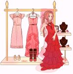  1girl aerith_gainsborough artist_name barefoot bow braid braided_ponytail brown_hair clothes_hanger dress drill_hair ecco final_fantasy final_fantasy_vii hair_bow highres jewelry necklace pink_dress red_dress simple_background smile toes twin_drills 