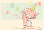  &gt;_&lt; 1girl :d animal aruya_(flosrota) balloon bangs blue_background bow brown_background chibi closed_eyes commentary_request dress eyebrows_visible_through_hair facing_viewer green_headwear hair_between_eyes hat holding holding_animal long_sleeves open_mouth original outstretched_arms party_hat pink_hair red_bow short_eyebrows sleeves_past_wrists smile socks solo starry_background tail thick_eyebrows tilted_headwear twitter_username two-tone_background white_dress white_legwear xd 