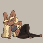  1:1 abs anthro black_sclera blush bra breasts brown_body butt clothed clothing digital_media_(artwork) female freepancakes fur hi_res lagomorph lopunny lying mammal muscular muscular_anthro muscular_female nintendo on_side pok&eacute;mon pok&eacute;mon_(species) red_eyes simple_background solo sports_bra thick_thighs tight_clothing underwear video_games yoga_pants 