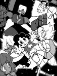  1boy 5girls :3 afro amethyst_(steven_universe) clenched_teeth dowman_sayman forehead_jewel garnet_(steven_universe) gauntlets greyscale hair_over_one_eye highres lapis_lazuli_(steven_universe) looking_at_viewer monochrome multiple_girls open_mouth pearl_(steven_universe) peridot_(steven_universe) sandals star_(symbol) star_print steven_quartz_universe steven_universe sunglasses teeth visor 