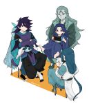  6+boys absurdres aqua_hair barefoot black_footwear black_hair blue_hair blue_robe blue_skin colored_skin diting_(the_legend_of_luoxiaohei) fengxi_(the_legend_of_luoxiaohei) highres horns kizumi-cp-loveww laojun_(the_legend_of_luoxiaohei) long_hair long_sleeves luoxiaohei multiple_boys pointy_ears profile shoes single_horn sitting sitting_on_lap sitting_on_person stool the_legend_of_luo_xiaohei twitter_username very_long_hair white_hair wuxian_(the_legend_of_luoxiaohei) xuhuai_(the_legend_of_luoxiaohei) 