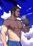  1boy abs bara beard black_hair blue_pants bubble_tea bulge cloud cloudy_sky cup disposable_cup drinking_straw facial_hair from_side highres holding holding_cup koji_(wildlhz) large_pectorals male_focus mature_male muscular muscular_male navel navel_hair nipples original pants shade shirtless short_hair sky solo sportswear stomach sweat track_pants tree undercut 