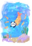  2021 anthro araru black_body black_nose blush chibi detailed_background fried_shrimp gesture giant_panda hi_res kemono mammal shrimp_(food) underwater ursid water waving white_body 